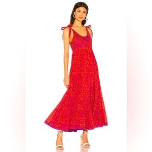 FREE PEOPLE Kikas Printed Midi Dress in
Tangerine. Size Large